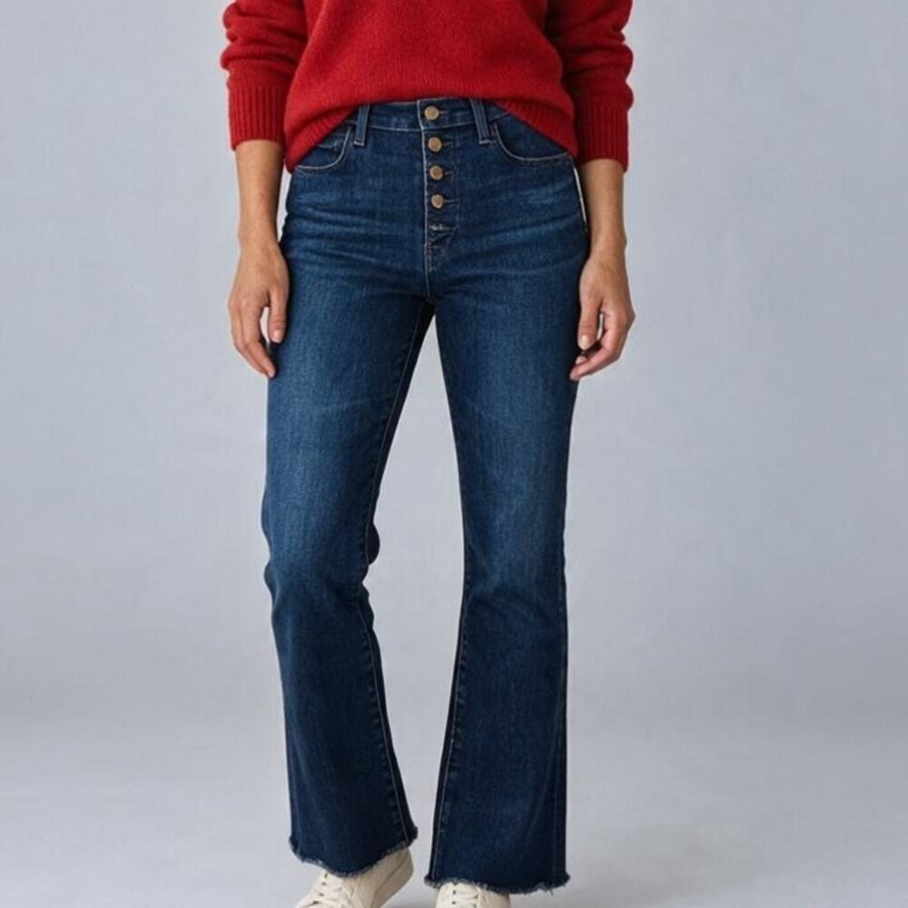 J Brand Lillie High Rise Crop Slim Raw Hem Flare Button Fly Jean 26 Dark Blue